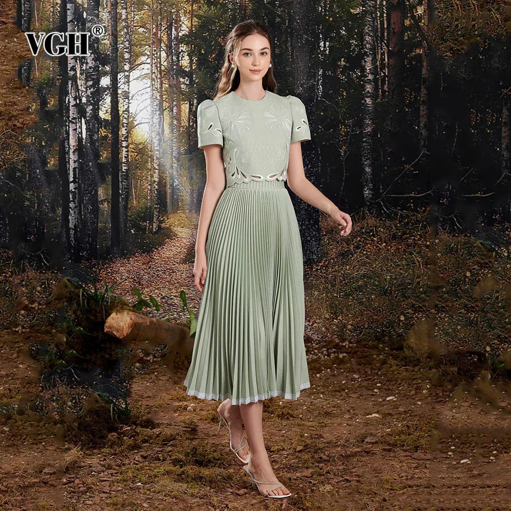 

VGH Solid Printing Hollow Out Elegant Two Piece Sets For Women Round Neck Short Sleeve Top High Waist Skirt Chic Set Female New