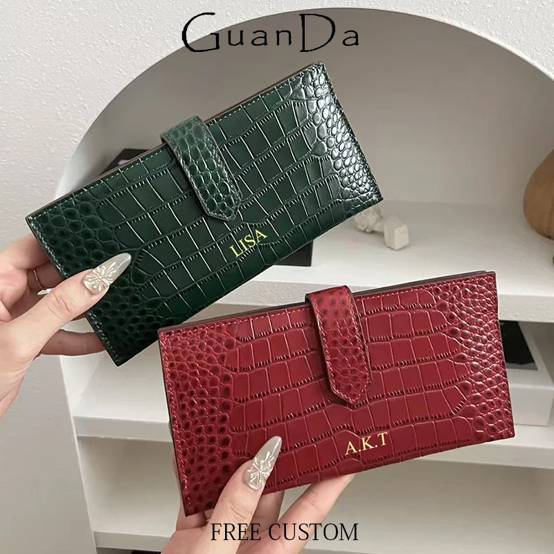 Luxury Fashiion Woman Long Wallet Crocodile Leather Pattern Cowhide Cash Clip Lady Custom Name Card Holder Phone Bag Coin Purse