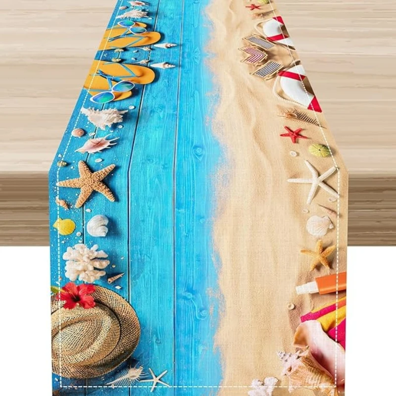 1 Piece Nautical Style Starfish and Shell Ocean-Themed Wooden Striped Table Runner, Suitable for Farmhouse, Indoor, Kitchen, Celebrations, Table Decoration, Restaurant, and Banquet Decoration Supplies
