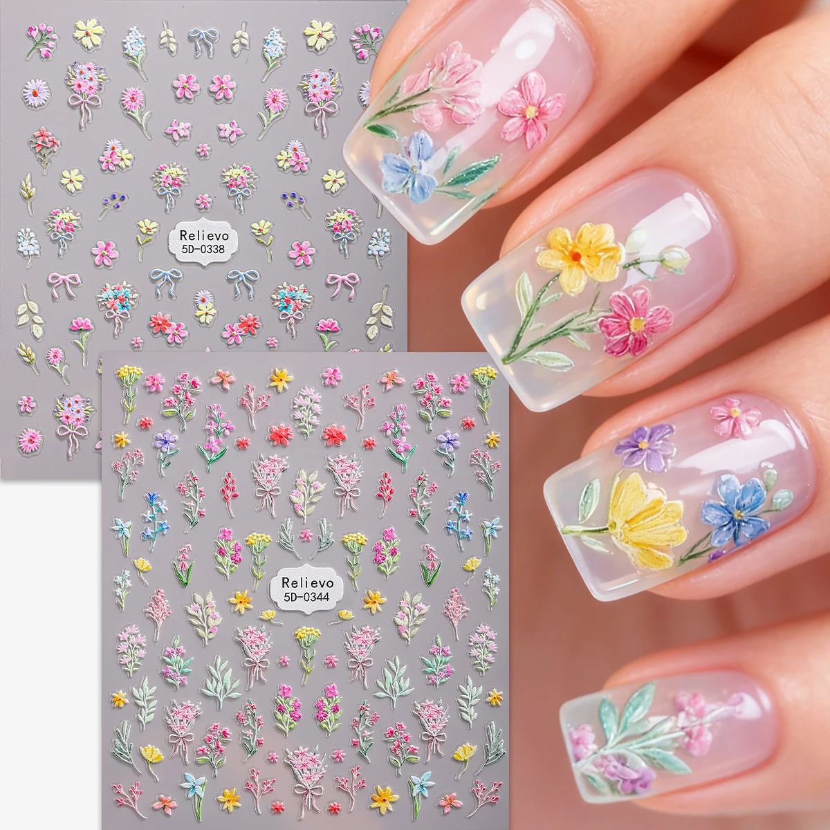 2 pezzi adesivo per nail art 5D fiori squisiti decalcomanie per unghie autoadesive floreali colorate per cursore per unghie decorazione manicure fai da te