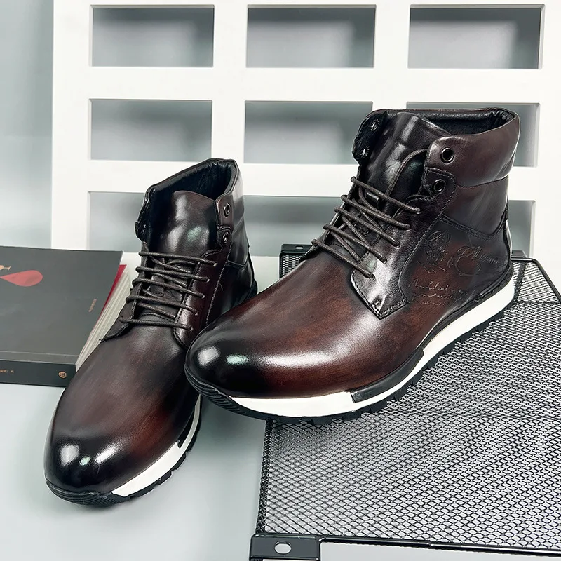 

Handsome Men High Top Boots Genuine Leather Laser Printing Men Shoes Outdoor Sneakers Lace Up Non-Slip Ankle Boots Male