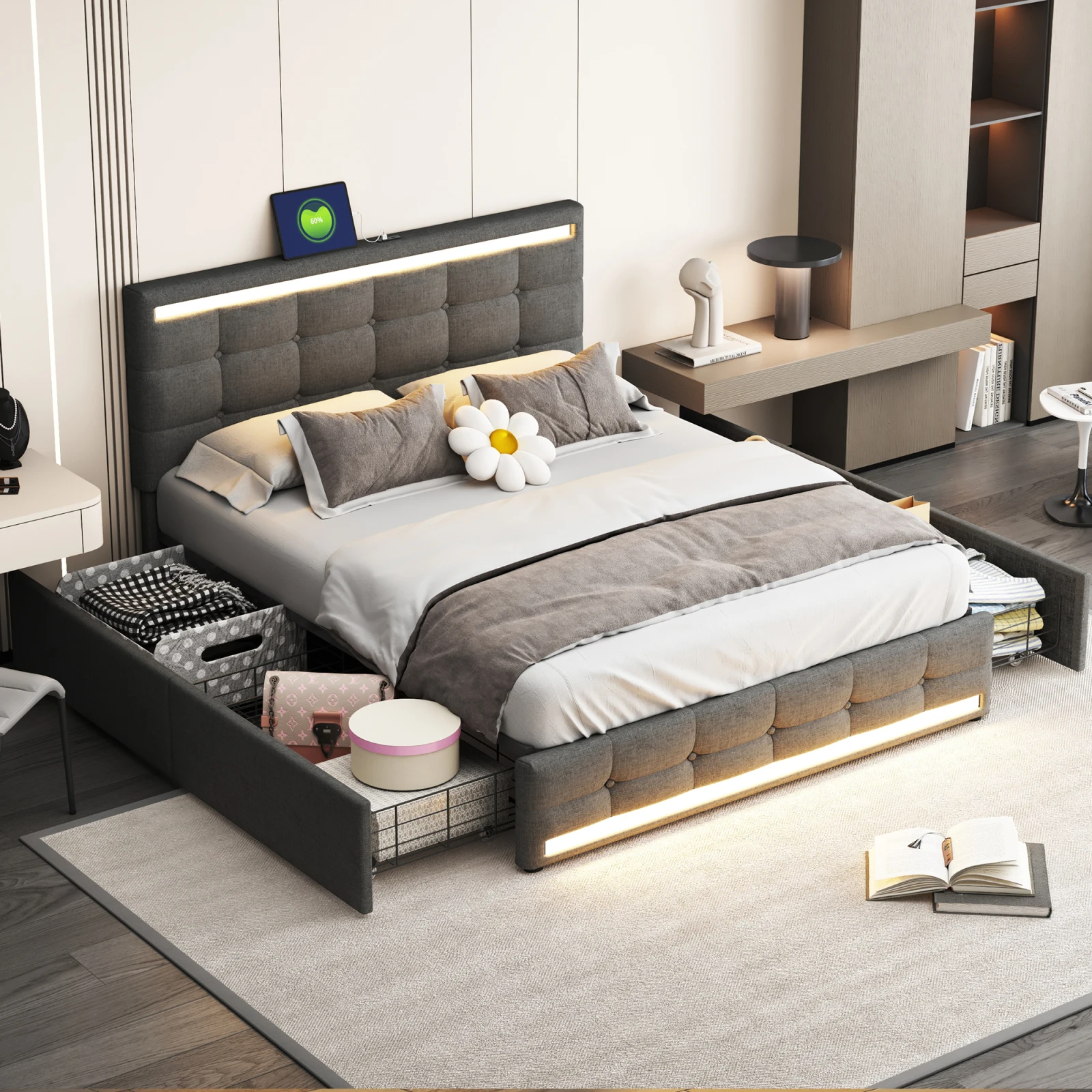 Upholstered Bed 140×200cm,LED Upholstered Bed Frame ,With 4 Drawers and 2 USB Charging Ports,Grey