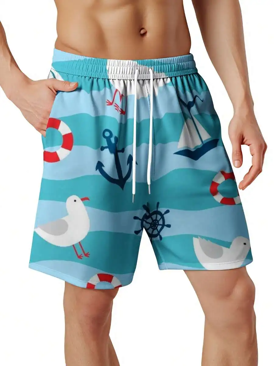 

Nautical Print Swim Trunks For Men With Anchor Sailboat Seagull Design Beach Shorts