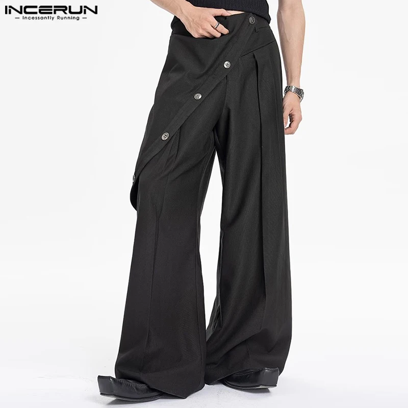 INCERUN Men Pants Solid Long Trouser Irregular Buttons Solid Color Oversized Wide Leg Pant Autumn Streetwear Casual Loose Pant