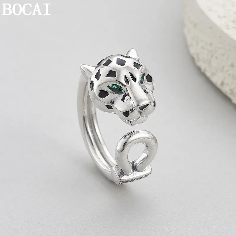 BOCAI S925 Sterling Silver Charms Ring for Women Men Personality Leopard Head Inlaid Zircon Fashion Luxury Jewelry Wholesale