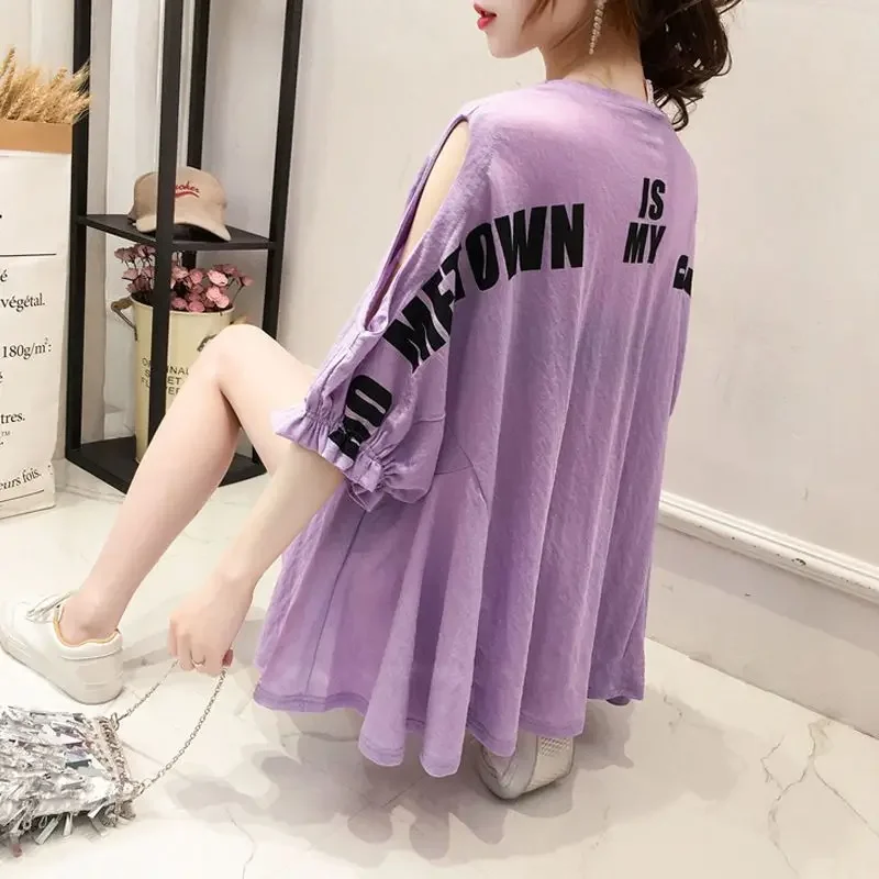 DAYIFUN-Purple Short-Sleeved T-shirts for Women Half-Sleeved Hollow-Out Loose Large Size Tees 2024 Female Bat Sleeve Tops 100kg