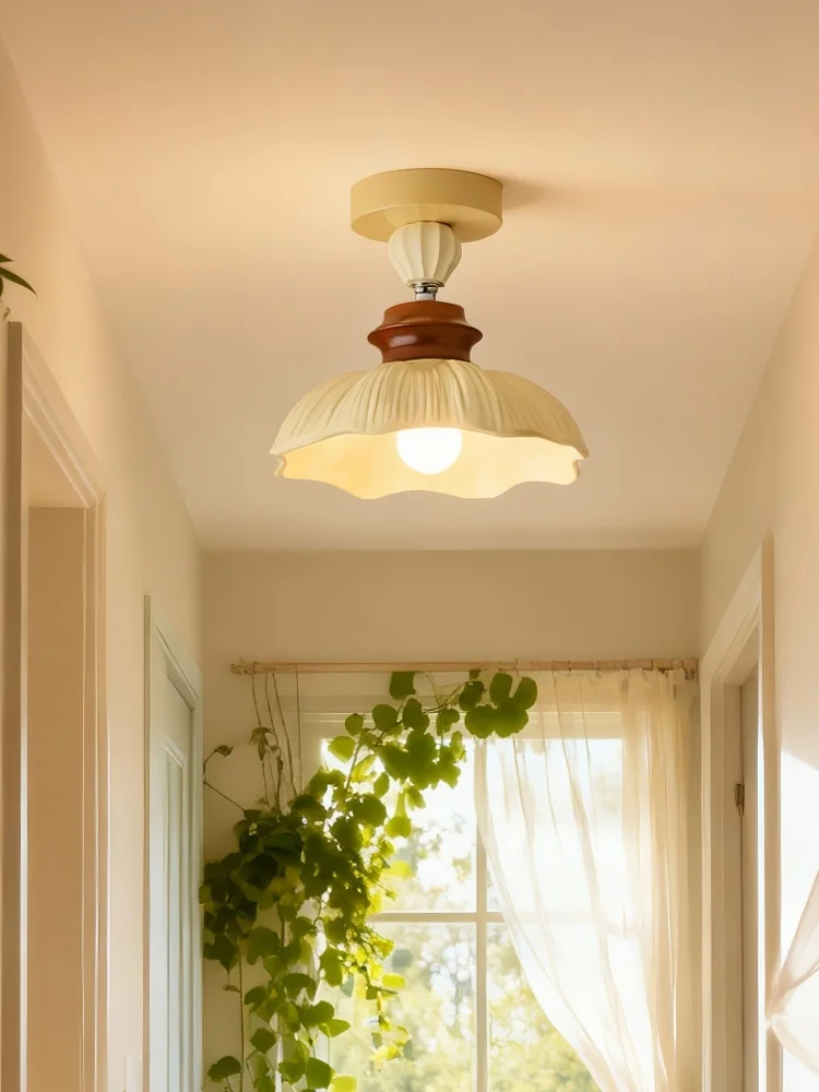 French Cream Style Bedroom Headboard Flower Led Pendant Light Vintage Wood Color Hallway Study Eye Protection Ceiling Light