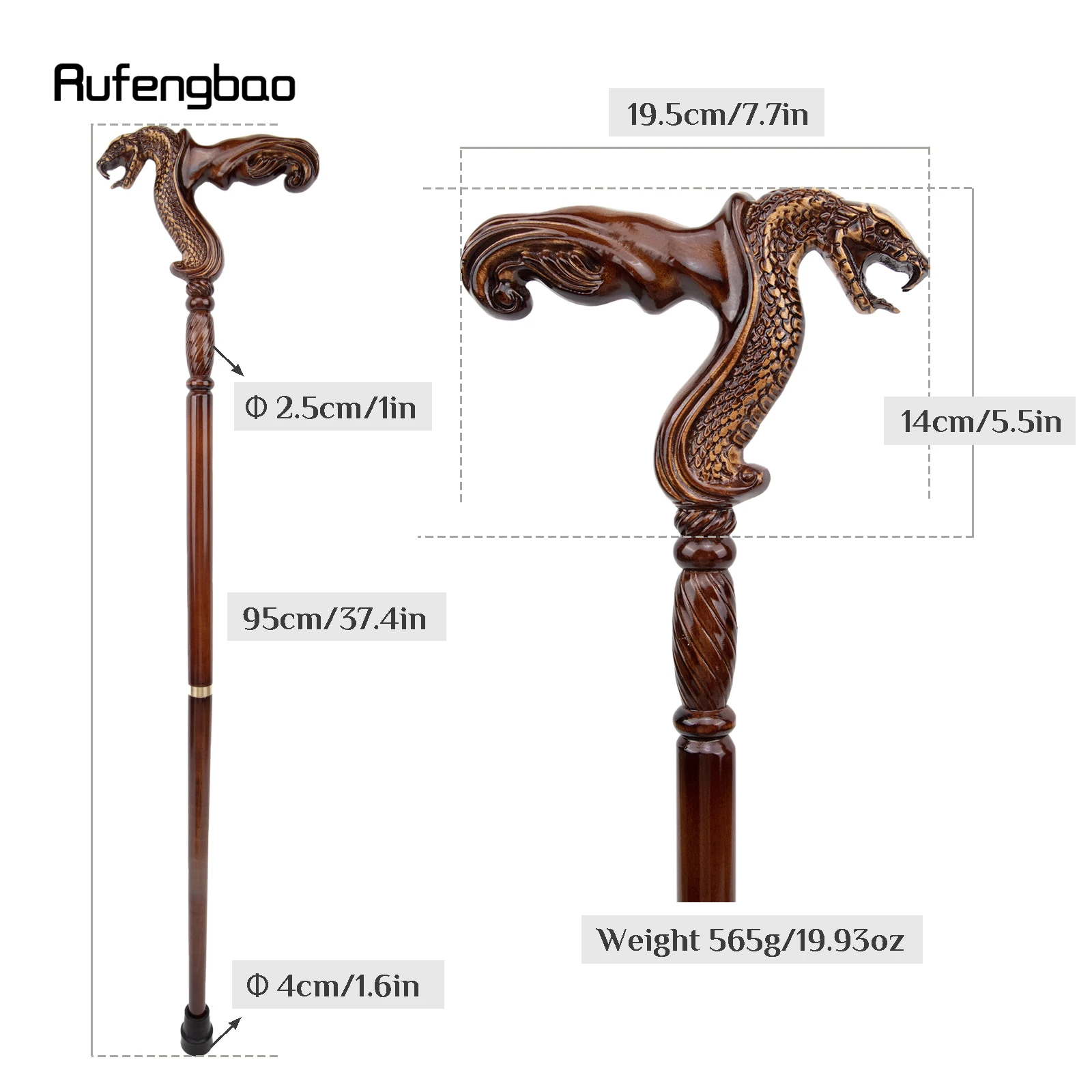 Cobra Snake Brown Wooden Fashion Walking Stick Decorative Cospaly Party Wood Walking Cane Halloween Mace Wand Crosier 93cm