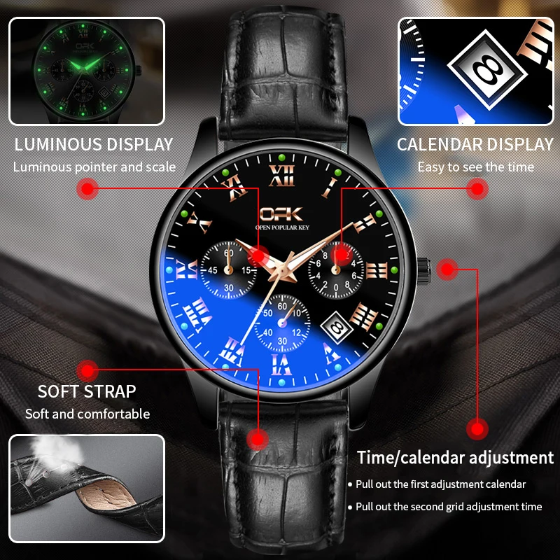OPK 8120 Stylish Origianl Quartz Movement Watch For Men Luminous Dispaly Calendar Window Soft Leather Strap Three Dials Watch
