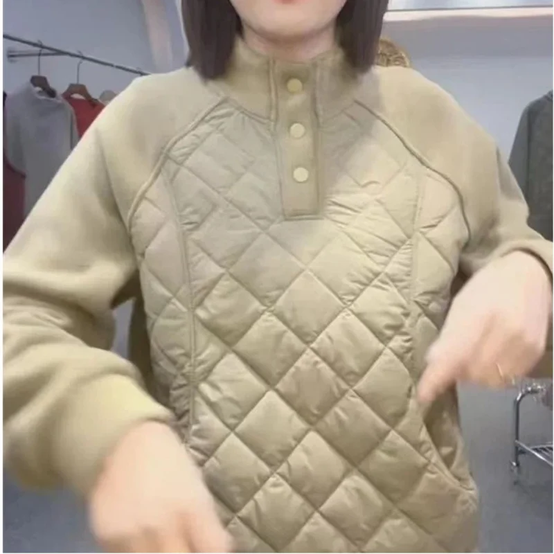 

Autumn And Winter New Style Stand Collar Argyle Quilted Sweatshirt Cold Resistant Loose Fashion Warm Casual Womens Top