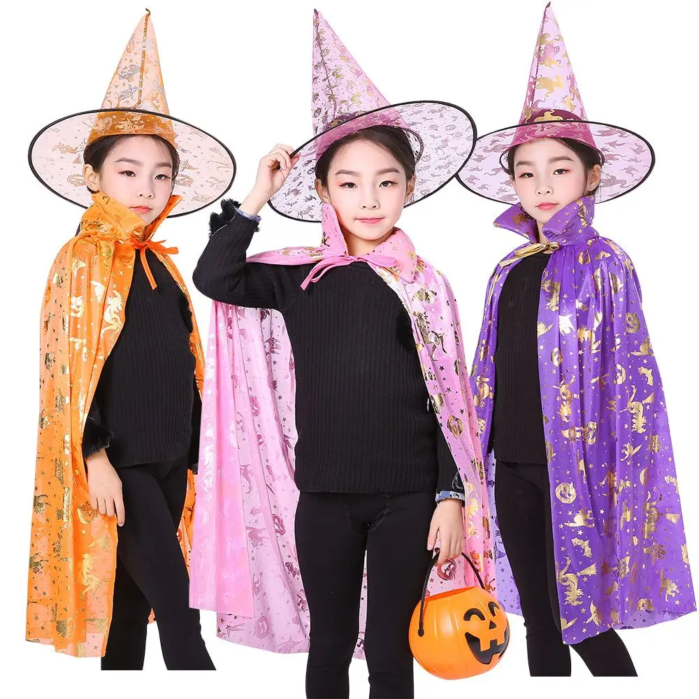 Gorros de bruja Unisex, sombrero de murciélago para niños y niñas, conjuntos de capa de Halloween, disfraces aterradores, disfraces de Cosplay para niños, ropa de actuación