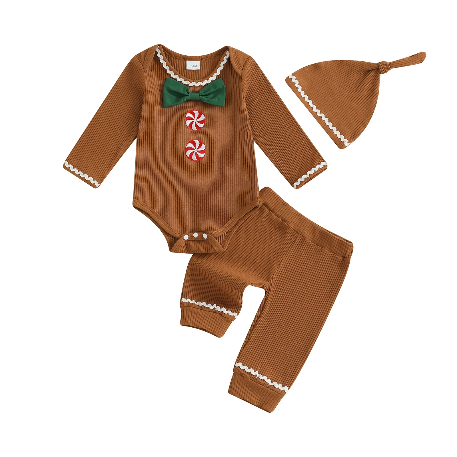 

Infant Baby 3 Piece Outfit Long Sleeve Round Neck Gingerbread Man Bow Jumpsuit Hat Elastic Waist Pants Set