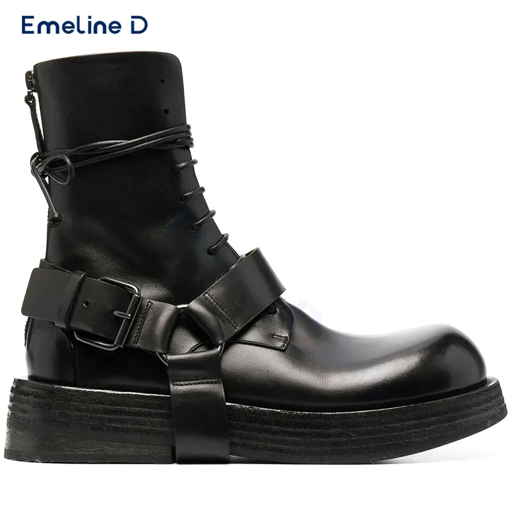 

Black Belt Buckle Lace-Up Short Boots Solid Color Rear Zipper Pull-On Thick-Soled Calf Boots Casual Fashion Trend Leather Boots