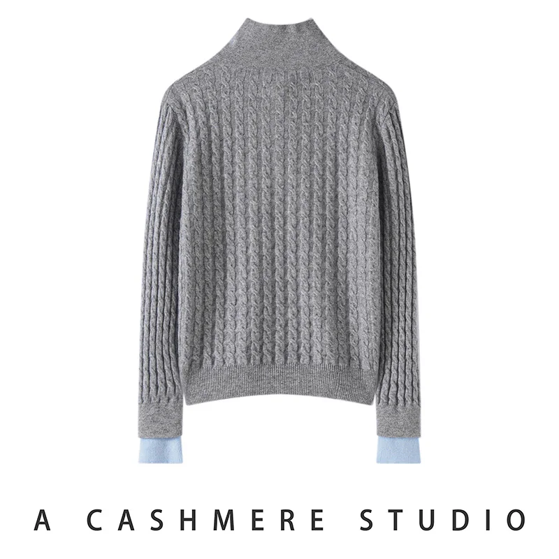 Women's 100% cashmere sweater casual color matching pullover button high neck Tops knit blow autumn/winter warm leave two Jumper