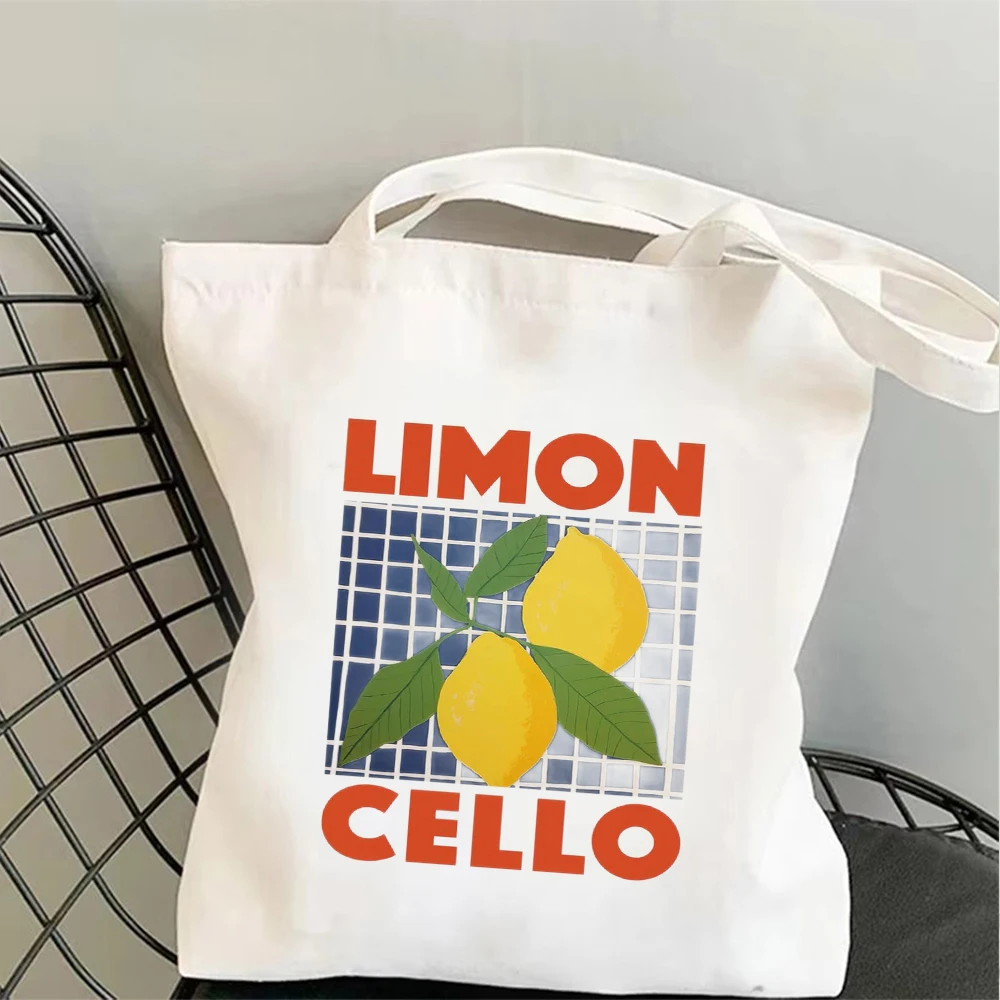 Vibrant La Dolce Vita Lemon Print Canvas Tote Bag Shoulder Bag with Striped Background, Ideal for Summer Vacation Beach Trips