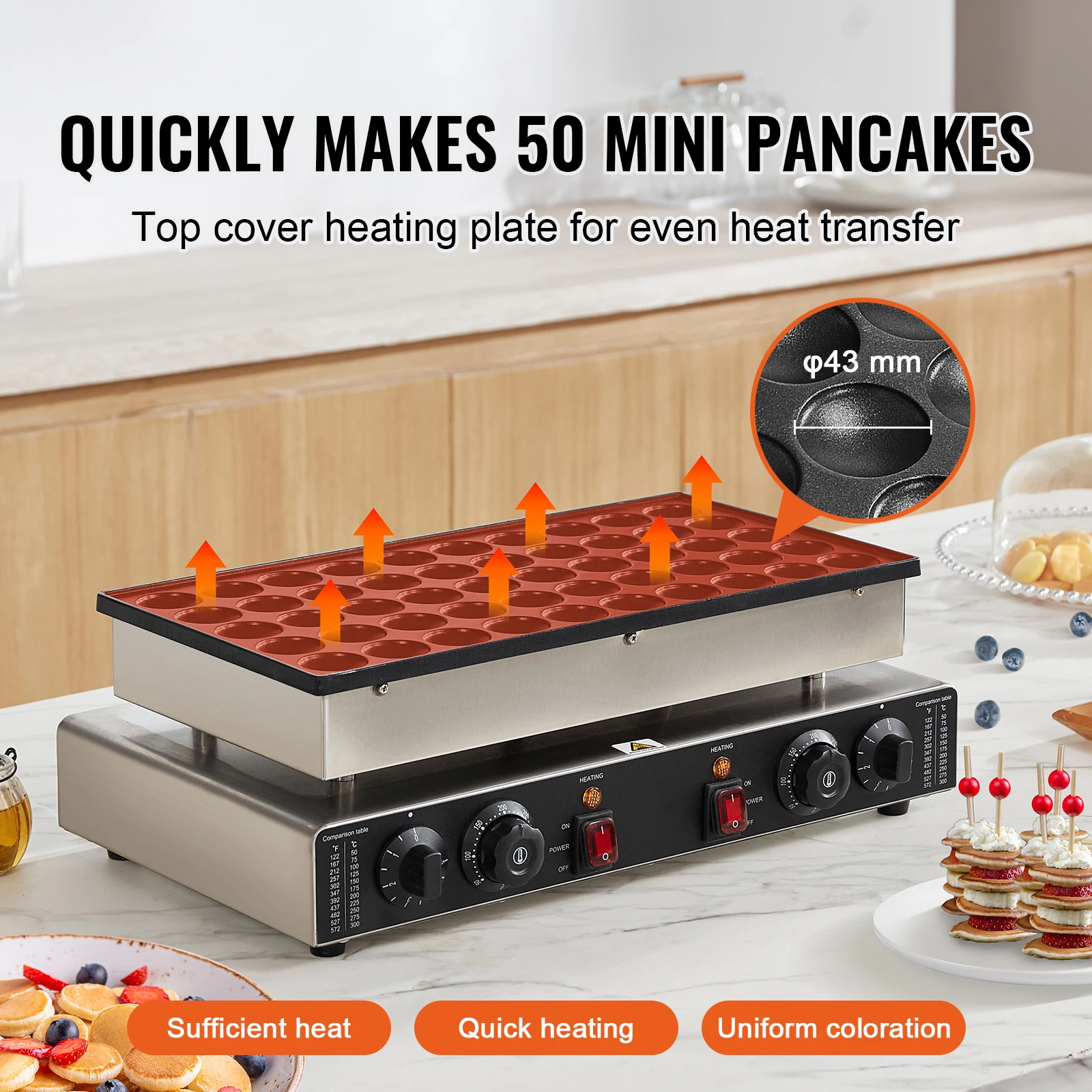 Singwinner 50Pcs Mini Dutch Pancake Maker Dorayaki Baker Machine Commercial Non-stick Waffle Maker Dual Temp & Time Control