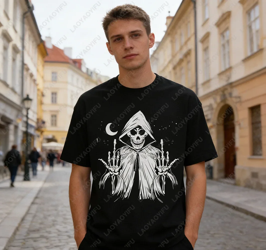 Funny Grim Reaper Finger Flip Skull Biker Printed Cotton Tees Fashion Casual Streetwear Hip-hop Hipster O-neck Man Tops Tshirts