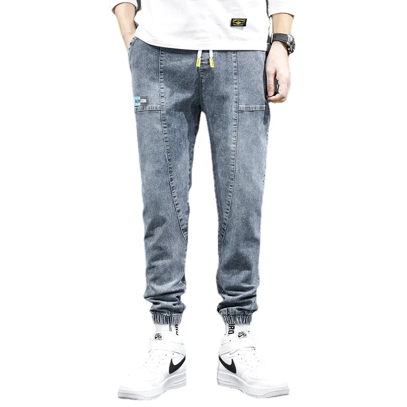 Spring Summer Men's Jeans Text Embroidery Baggy Elastic Waist Harlan Cargo Jogger Trousers Male fashion Grey Little feet pants