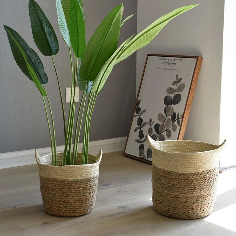 Nordic Straw Storage Basket Rattan Floor Flower Pot Crafts Decor Modern Room Bedroom Shop Plant Basket-Grey