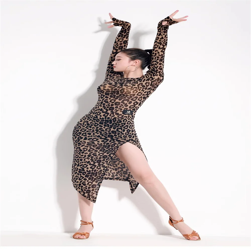 New adults Sexy leopard print slim-fit Latin dance dress Leg slit dress Girls Latin dance stage costume