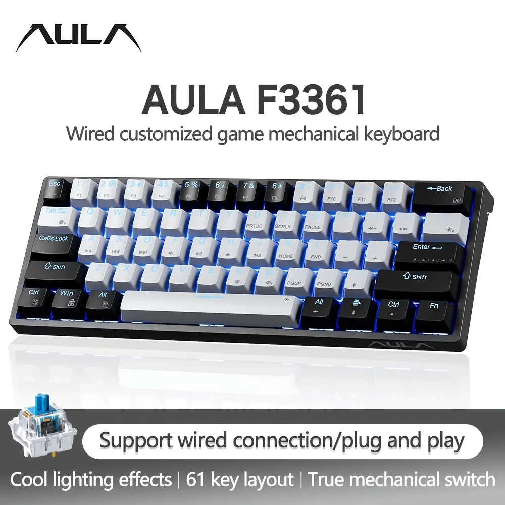 AULA F3361 Teclado mecánico con cable tecla completa Anti fantasma intercambio en caliente RGB e-sports Mini teclado para juegos 61 teclas accesorios de juego