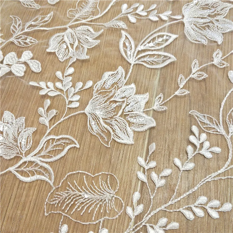 Ivory White Sequined Embroidered Lace Fabric, Wedding Dress DIY Accessories, RS2498