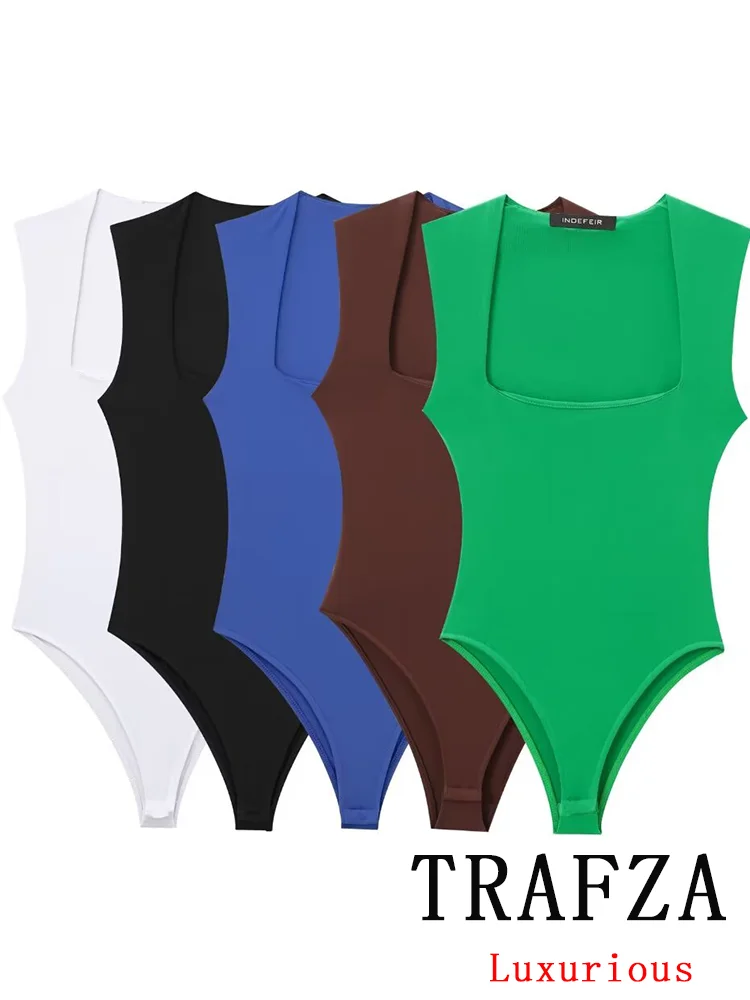 

TRAFZA Sexy Vintage Chic Bodysuits Solid Square Collar Sleeveless Slim Bodysuits New Fashion 2024 Summer Female Jumpsuits