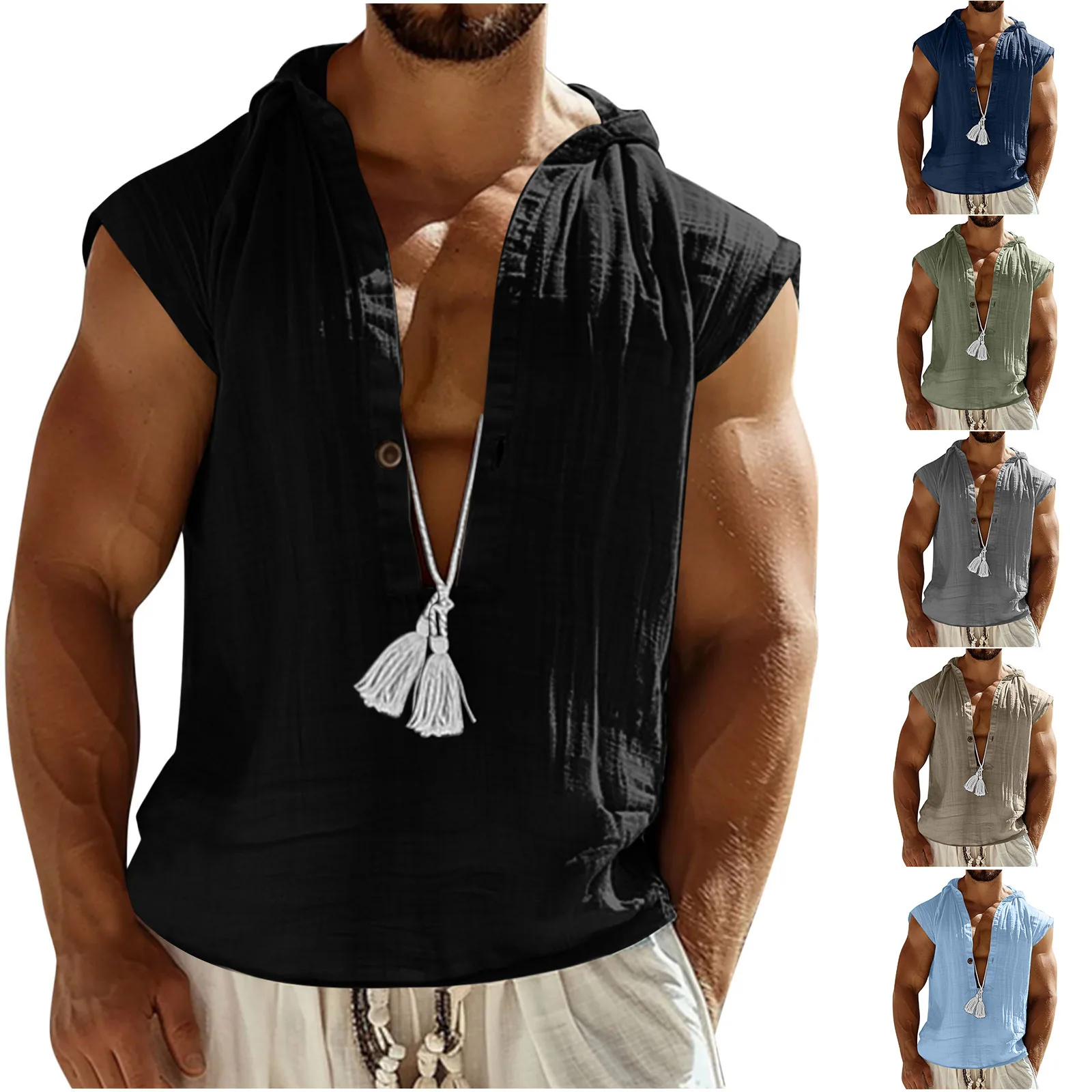 Men Hooded Sleeveless V Neck Shirt Tassel Drawstring Loose Solid Color Summer Beach Casual Tank Tops
