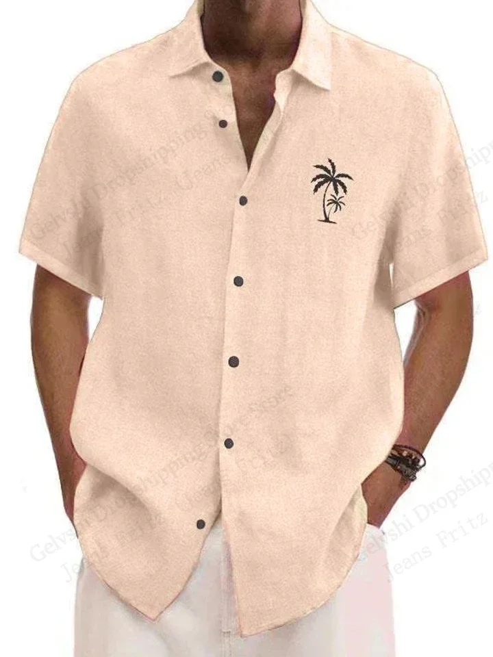 Men's Simple and Fashionable Coconut Tree 3D Printed Lapel Button Short-sleeved Shirt Loose Hawaiian Beach Casual Outdoor Top