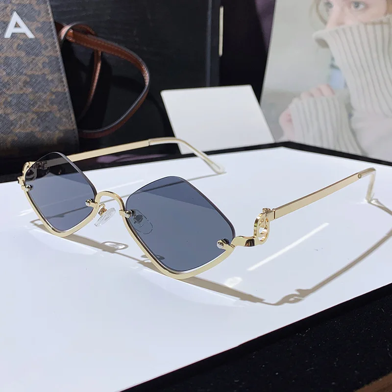 2025 Metal Women Simple Trend Sunglasses New Half Frame Diamond Shaped Sunglasses Men Dopamine Small Frame Outdoor Sunglasses