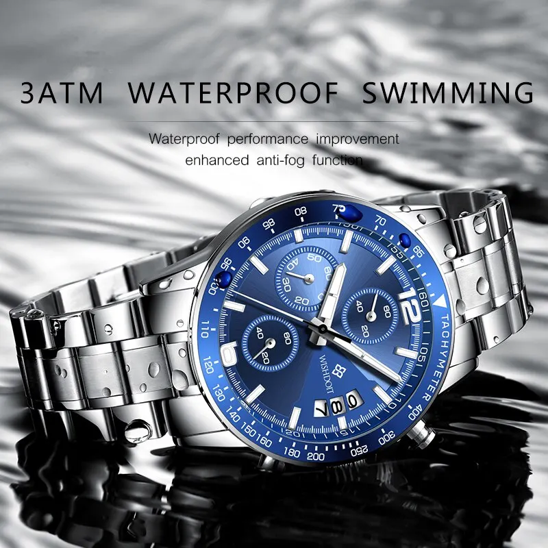 WISHDOIT Original Watch for Men Waterproof Stainless Steel Metal Strap Multifunction Chronograph Fashion QuartzAnalog Wristwatch