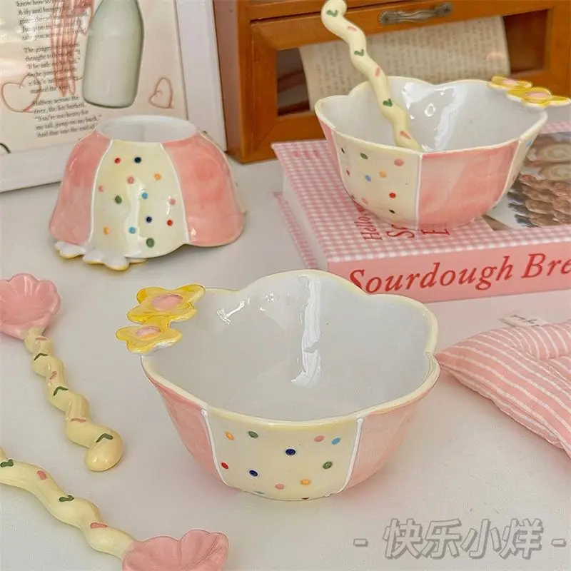 Instagram Style High Beauty Bowl Underglaze Colored Ceramic Bowl Girl Heart Flower Fruit Salad Household Rice Bowl Ceramic Spoon