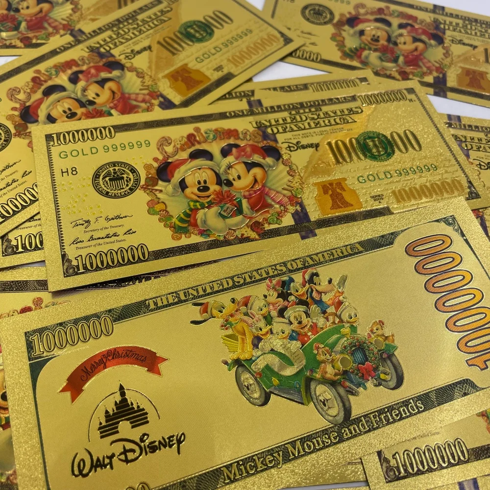 ธนบัตรจำลองธนบัตรสหรัฐอเมริกา คริสต์มาส ทองคำ 1 ล้านดอลลาร์ ลายมิกกี้ มินนี่ และผองเพื่อน ของสะสม ของที่ระลึก ของขวัญ ตกแต่งวันหยุด