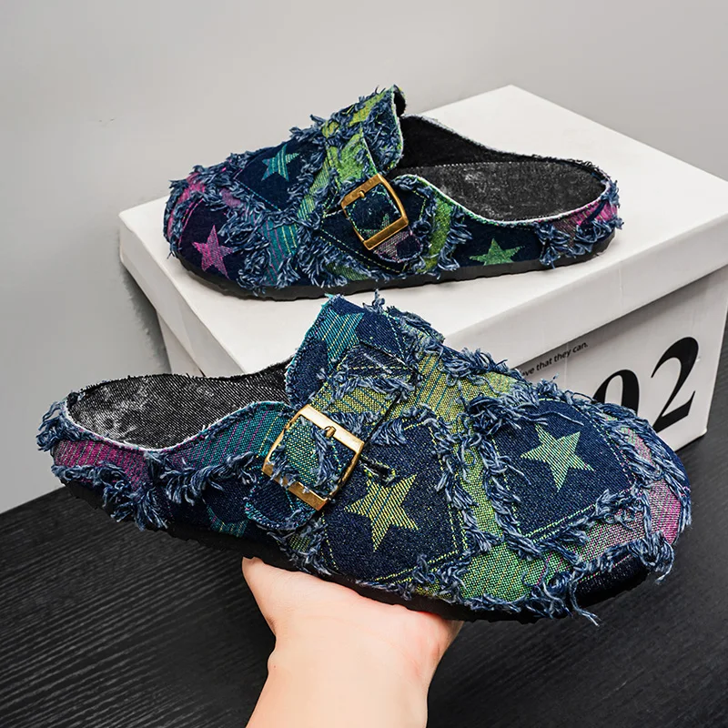 Designer Denim Men Casual Shoes Lightweight Slip on Half Slippers Summer Man Sandals Comfort Loafers Breathable Walking Footwear