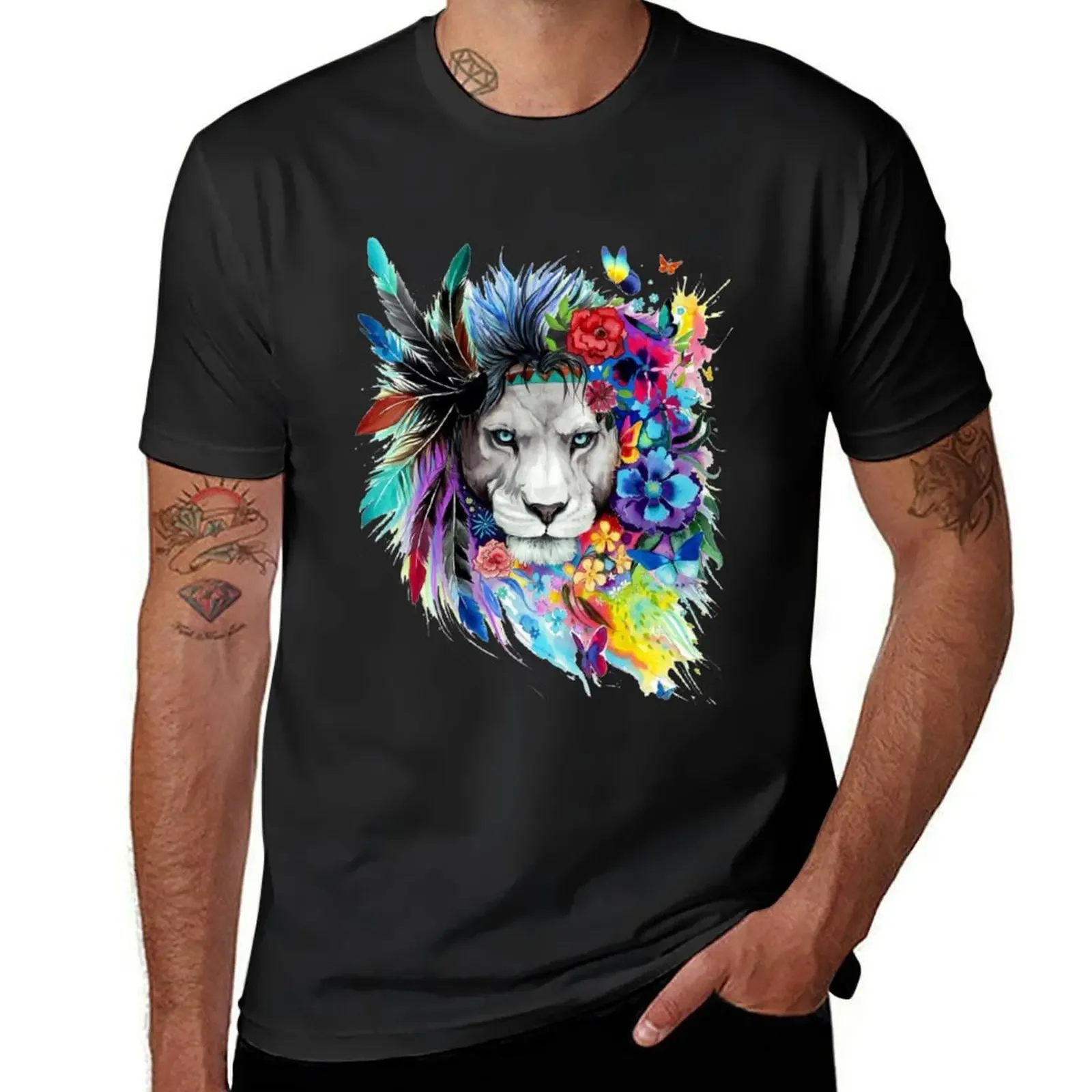 

Gray lion with feathers and affected flowers T-Shirt Anime t-shirt summer 2025 t shirts for men