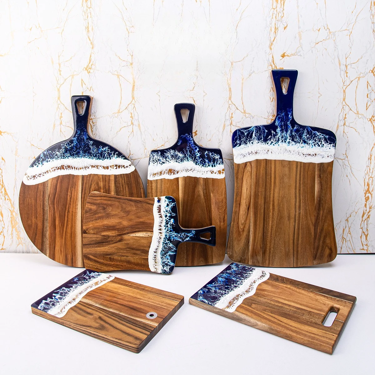 Ocean Wave Resin Acacia Wood Cutting Board Solid Whole Wood Steak Fruit Bread Serving Plate Kitchen Household Chopping Board