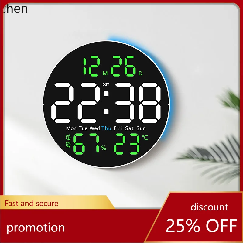 

ZML Living Room Wall Clock with Night Light, Electronic Clock, Home Clock, Temperature and Humidity Display, Silent Clock