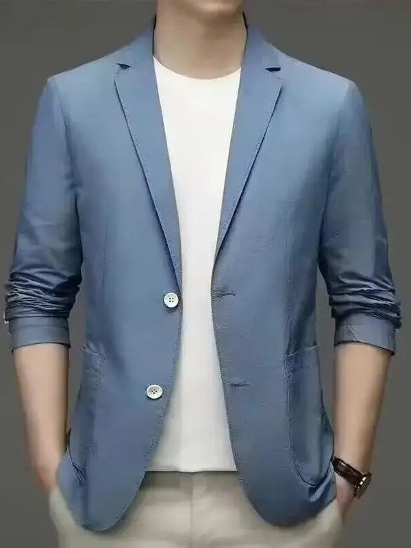 캐주얼 아이스 실크 남성 정장 가벼운 여름 비즈니스 코트 패션 도시 스타일 긴 소매 라운드 헴라인 스탠다드 핏 싱글 버튼