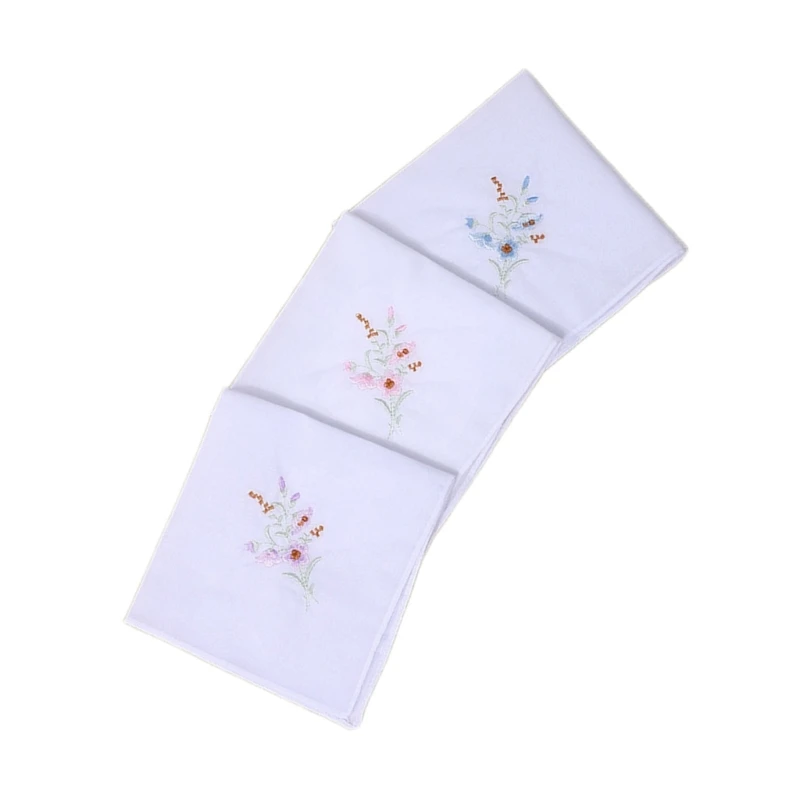 3pcs/set Practical Handkerchiefs Woman Washable Embroidery Flower Hankie Handkerchiefs for Adult Traveling Shopping