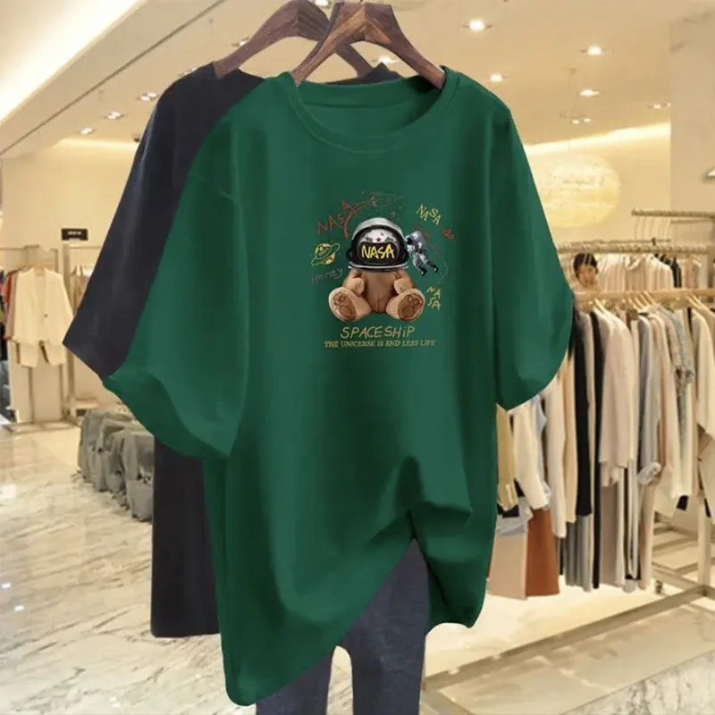 Ropa de mujer, camiseta de gran tamaño de estilo europeo de algodón puro, camiseta informal holgada de manga corta, jerséis con estampado elegante para mujer