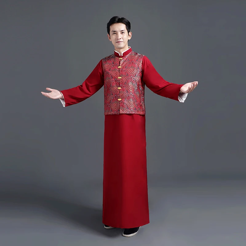 Chinese Cross Talk Attire Groom Red Robe Suit in OrientTown Traditional China Costume Men's Clothing Vest + Blue Long Gown TP095 view 2
