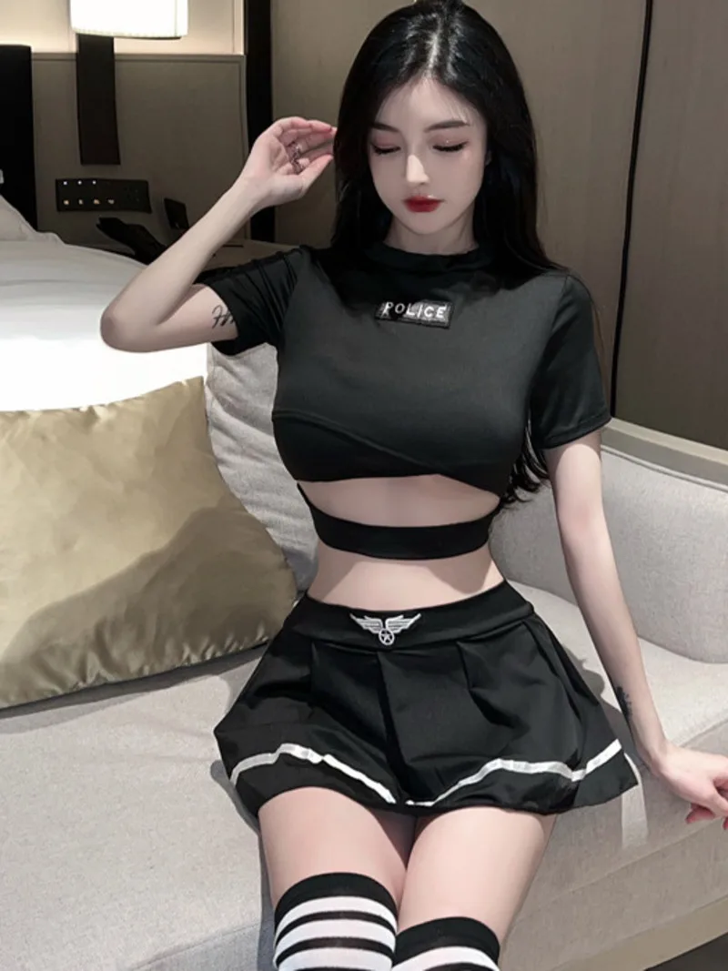 

Sexy Lingerie Sexy Spicy Girl Hollow Out T-shirt Pleated Bandage Off Shoulder Top Jk Uniform Two Piece Skirt Set E0G5