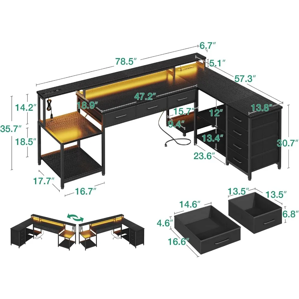 79" L Shaped Desk with 7 File Drawers, 2 Power Outlets & Monitor Shelf, Storage Shelves, LED Light, Black, Computer Desk