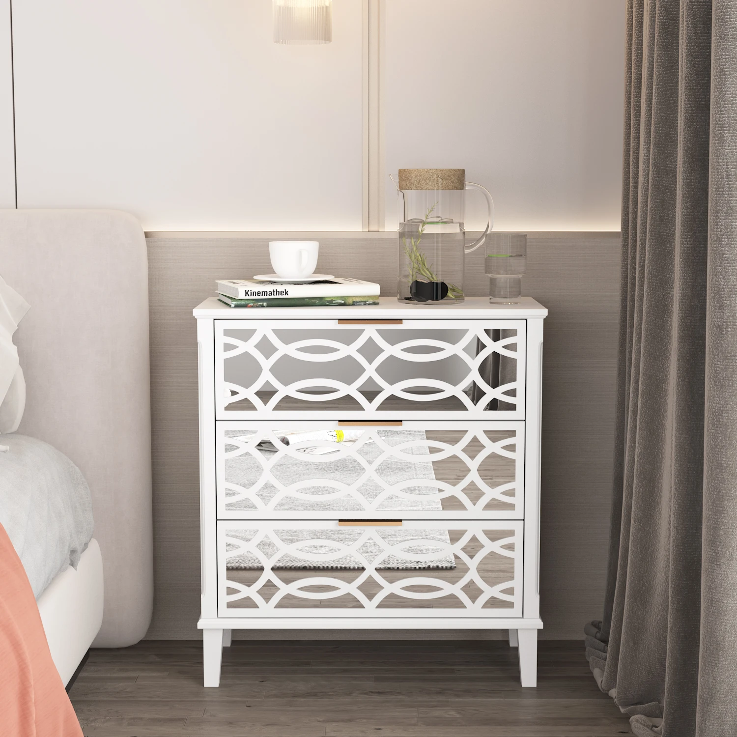 

FUFU&GAGA Modern Beside Table with 3 Mirrored Accent Drawers, Wood Nightstand with Handles, for Bedroom And Living Room, White