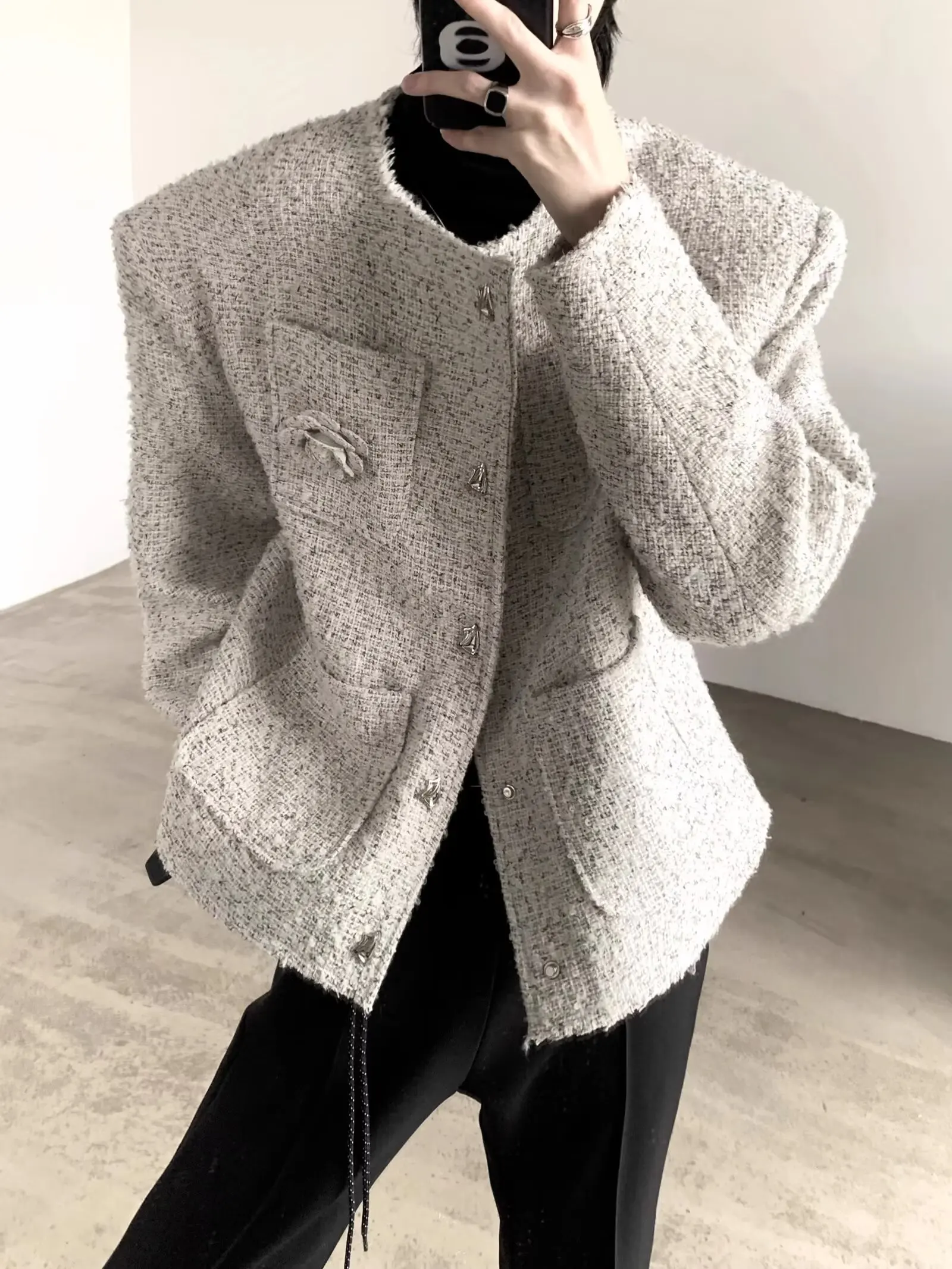 

Korean Sle Chic Casual Jaet ex Spring Autumn High End Lightweight Luxury Casual Top Youth Jaet round Ne Long Sve