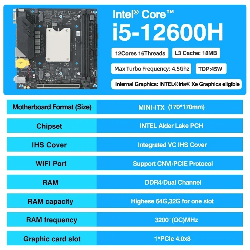 ERYING M-ITX DIY Desktop Motherboard with Onboard Core CPU Kit i5 12600H  i5-12600H 12C16T DDR4 Gaming PC Computer Assembly Set