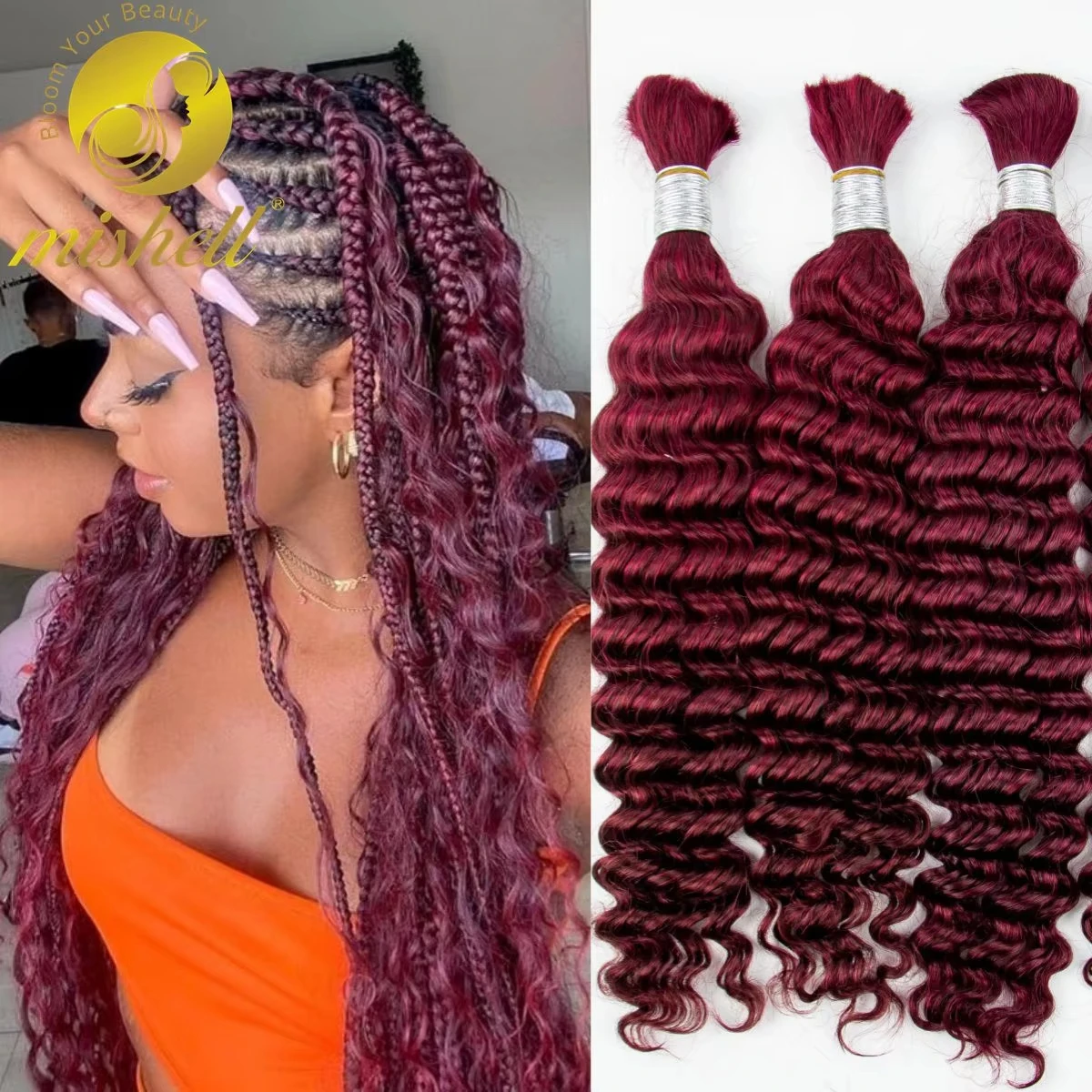 12A 99J# Burgundy Deep Wave Human Hair Bulk for Boho Braids Curly Human Hair No Weft for Braiding Virgin Hair for Extensions