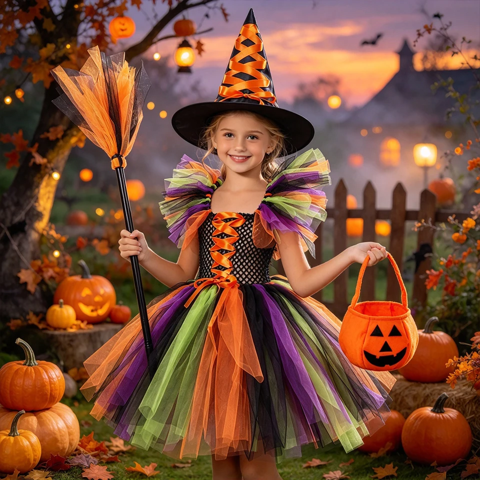 Girls Halloween Party Witch Costume Fluffy Tulle Tutu Dress for Kids Carnival Cosplay Demon Ghost Masquerade Children's Costume