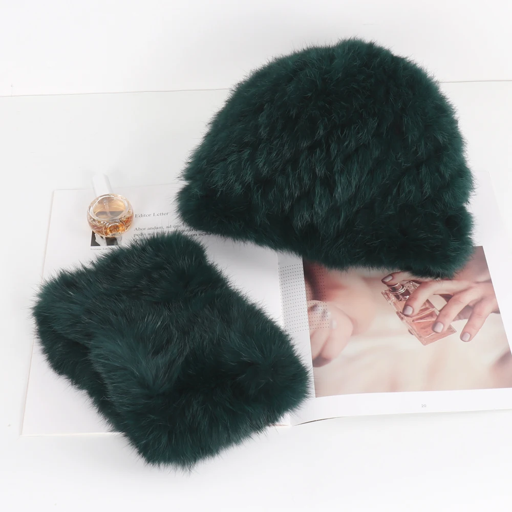 أرنب الفراء قبعة وشاح للنساء الشتاء الطبيعي أرنب الفراء قبعة الأوشحة مجموعات سيدة الدافئة محبوك سميكة الفراء الحقيقي القبعات الخمار 2 قطع #4