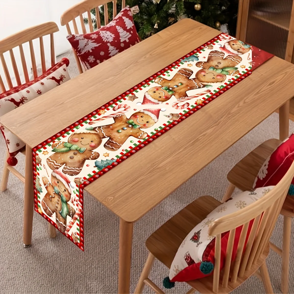 قطعة واحدة من مفرش طاولة رجل خبز الزنجبيل لعيد الميلاد، مطلي بالرجال، وعصا الحلوى وغيرها من عناصر عيد الميلاد على خلفية ملونة، مناسبة لحفلات عشاء عيد الميلاد، والتجمعات العائلية، والديكورات المنزلية، وأسواق الشاي الدافئة #5